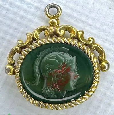 Antique Roman Soldier Intaglio Cameo Bloodstone Gold Toned Necklace Pendant • $68