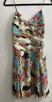 Spaghetti Strap Dress Womens Medium 100% Silk Floral Roses Pink Blue Gold Design • £24.09