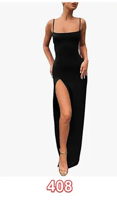 PRIMODA Women's Spaghetti Strap Backless Thigh-high Slit Bodycon Maxi Long Dress • $17.99