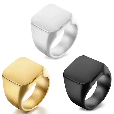 Mens Polished Biker Square Signet Ring Stainless Steel Wedding Band Size 6-15 • $10.99