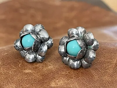 Vintage 1940s Silver Mexican Flower Blossom Blue Turquoise Screw Back Earrings • $29.95