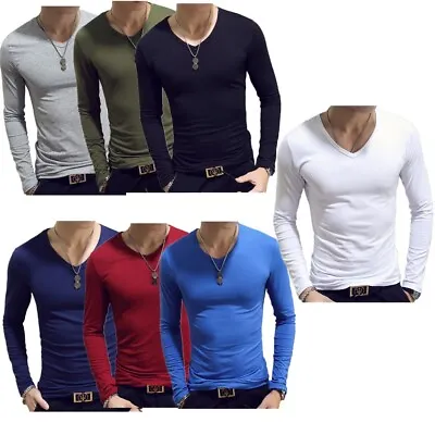 Casual Long Sleeve T-Shirt Solid Color V Neck Soft Tops Thermal Undershirt Mens • $16.99