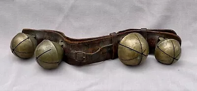 Four Large Heavy Antique Brass Sleigh Bells On Original Leather Strap • $179.99