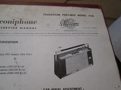Marconiphone Service Manual Portable Receiver Model 4122 • $3.42