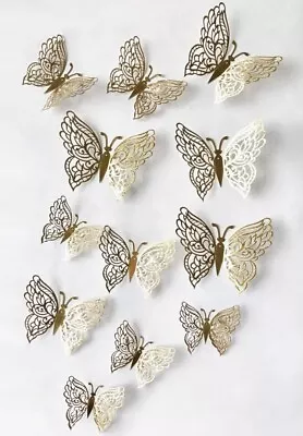 NEW 12 Piece 3D Metallic Gold Hollow Butterflies Retro Posable Wall Decor    G4 • $15.99