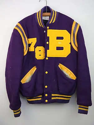 Vintage 70s DeLong Varsity Letterman Wool Leather Snap Mens Jacket 40 Purple • $55.99