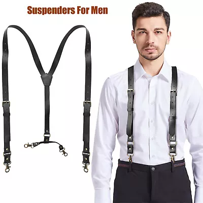 Mens Y-back Buckles Suspenders Straps Loops PU Leather Heavy Duty Pants Braces • $15.95