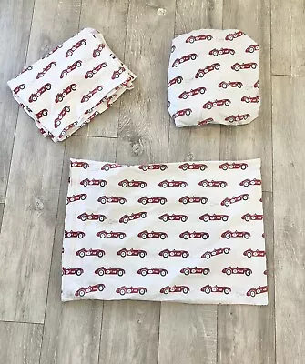 Pottery Barn Kids Twin Sheet Set Vintage Race Cars Fitted Flat & Pillowcase • $49.99