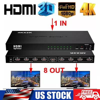 US 8 Port HDMI Splitter 1 In 8 Out HDMI 1X8 Splitter Hub 3D 4k@30Hz HD 1080P • $40.93