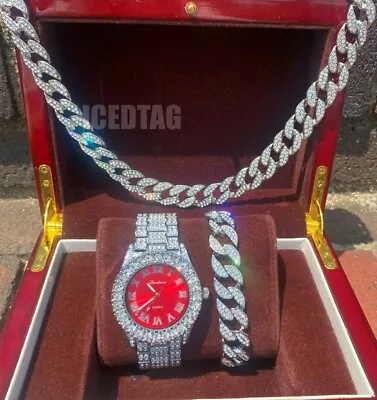 Hip Hop Iced Trendy Red Dial Lab Diamond Watch Miami Cuban Chain & Bracelet Set • $60.79