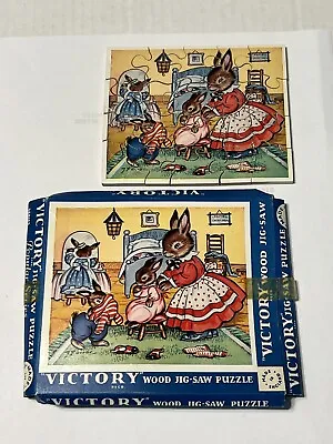 Victory Wood Jig-Saw Puzzle 20 Wooden Pieces England Rabbits Bunny Family 1960s • $24.95