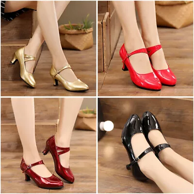 Womens Ladies Mary Jane Ankle Strap Mid Heel Office Work Party Court Shoes Size • £13.06