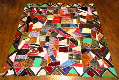 Antique Crazy Quilt ~ Reversible 71” Square ~ Knotted Hand Stitched • $80