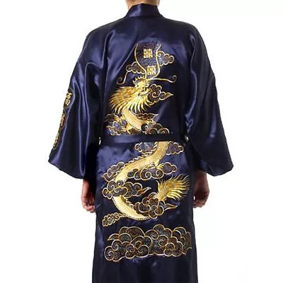 Mens Satin Chinese Dragon Kimono-Silk Bathrobe Pajamas Sleepwear Gown Bath Robe • $23.90