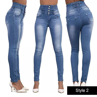 Women Denim High Waist Jeans Pencil Pants Ladies Button Slim Fit Skinny Jeggings • £16.79