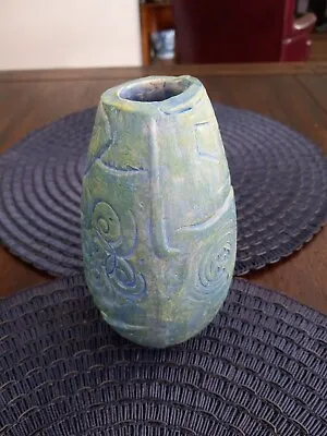 ART POTTERY VASE Carved Faces Swirls Shark Blue-Green Signed JP. • $13.80