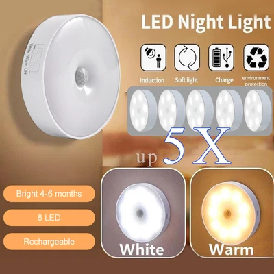 £4.32 • Buy 5X Night Lamp Motion Sensor Light USB Wireless PIR Battery Wall Cabinet Stair