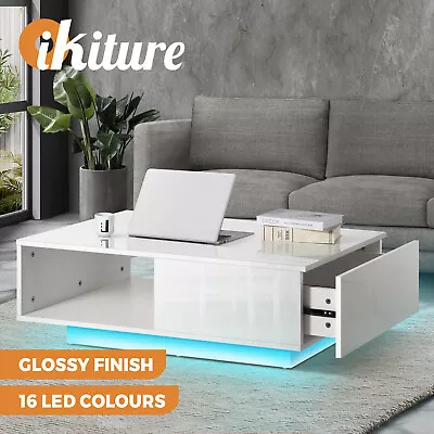 Oikiture Coffee Table LED Light High Gloss Storage Drawer Modern Furniture White • $125.90