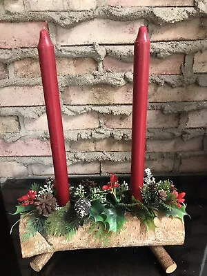 Vtg White Birch Log Christmas 2 Candle Holder Centerpiece 60’s Plastic 11” W • $22