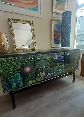 Midcentury Sideboard Black Nature Trees Print. Upcycled Painted Living Room... • £525