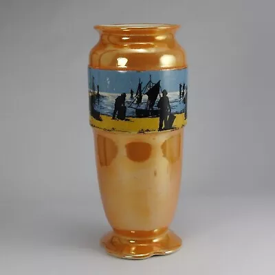 Lancaster & Sons Tall Orange Lustre Art Pottery Vase With Seaside Scenes • £7.50