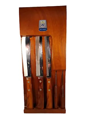 Vintage Ekco Flint Vanadium Stainless 5 Knife Cutlery Set With Wood Wall Mount • $29.88