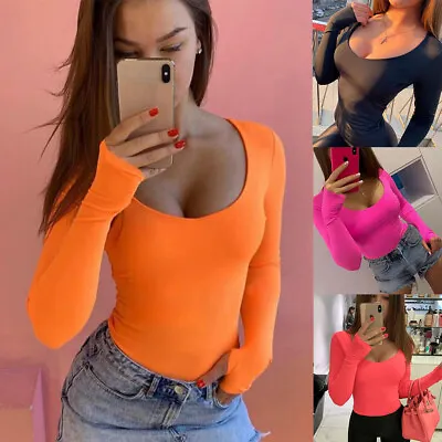 Women Jumpsuit Stretch Neon Long Sleeve Blouse Shirt Casual Bodysuit Leotard Top • £10.79