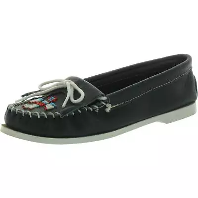 Minnetonka Womens Navy Leather Beaded Loafers Shoes 8 Medium (BM) BHFO 7604 • $18.99
