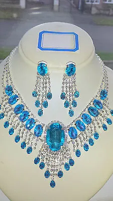 £8.30 • Buy Turquoise Diamante Rhinestone Crystal Necklace & Earrings Set Wedding Prom 