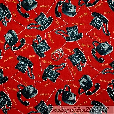 BonEful Fabric FQ Cotton Quilt Red Black VTG Antique Old PHONE Retro Hippie B&W • $5.51