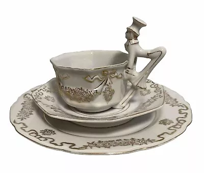 Art Deco Mepoco Japan Porcelain Tea Cup & Saucer Dessert Butler Figure Handle 2 • $75