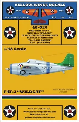 YWD48020 1:48 Yellow Wings Decals USN F4F-3 Wildcat Section Leaders Aircraft • $16.54