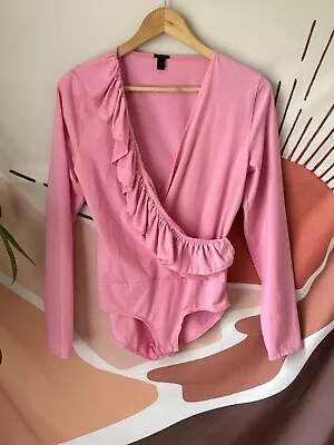 J Crew Bodysuit Womens Medium Pink Ruffle Mock Wrap Long Sleeve Stretch • $24.99