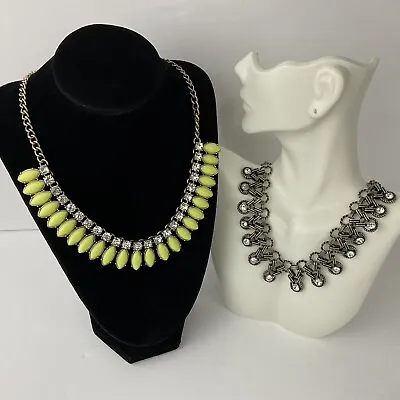 2 J Crew Statement Necklaces Chartreuse Green Crystals & Art Deco Inspired 18” • $32.99