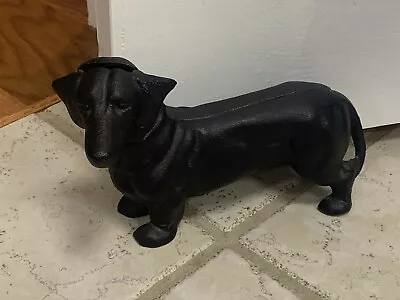 Vintage Cast Iron Dog Piggy Bank Doorstop Black Dachshund Weiner Dog (18C) • $51.99