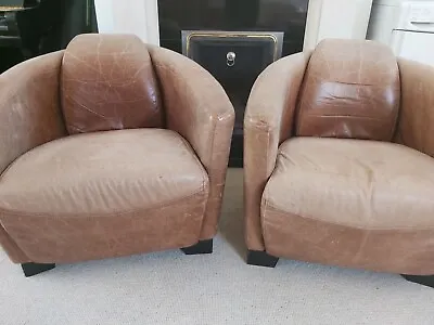 £200 • Buy Halo Living Brown Antique Distressed Raw Leather Tub Chairs X 2 - Used