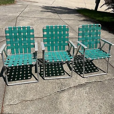 Vintage Aluminum Folding Lawn Deck Chairs - Matching Lot Of 3 Green Webbing • $75