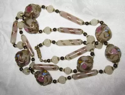 Vintage WEDDING CAKE Ball BEADS Necklace Italian Art Glass 29  Barber Pole Gold • $20.50