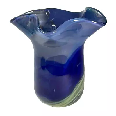 VTG Hand Blown Blue Green Swirls Asymmetrical Ruffled Top Signed Zimbro 8 H Vase • $14