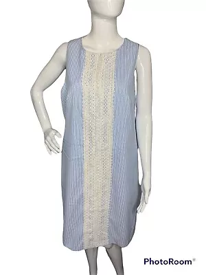 Maggie L Womens 14 Dress Seersucker Blue/White Striped Seersucker Crochet Trim • $10.11