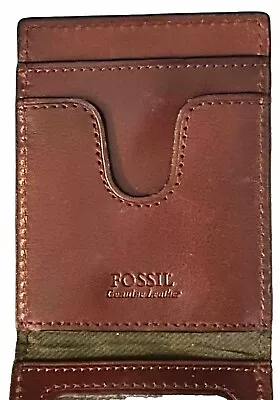 Fossil Leather Wallet Mens Brown Money Clip Slim Flip Photo ID • $11.50