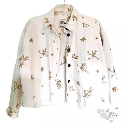 Zara White Tan Floral Embroidered Denim Fringe Button Jacket Size XS • $45