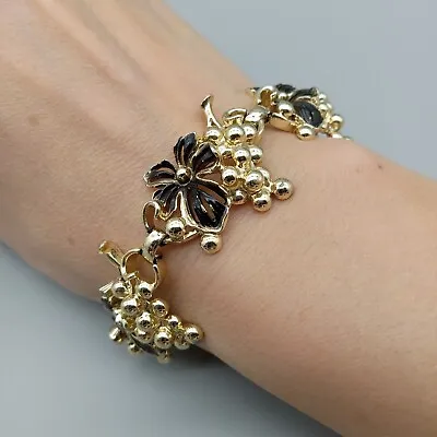 Sarah Coventry  Gold Grape Cluster  Gold Tone Black Enamel Bracelet VTG Estate • $17.99