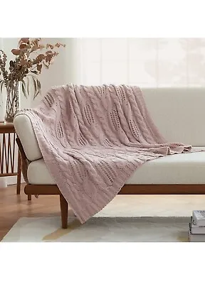 Amélie Home Cable Knit Throw Blankets For Sofas Couch 127x152cm Soft Cozy Pink • £25