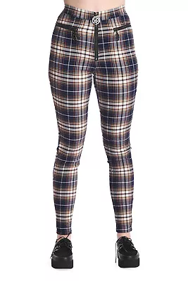 Navy Tartan Check Skinny Punk Emo Rockabilly High Waist Trousers BANNED Apparel • £39.99