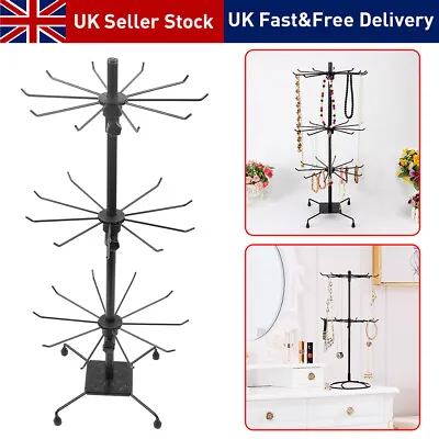 Rotating Metal 3 Tiers Stand Rack Jewelry Necklace Keyring Display 30 Hooks UK • £9.88