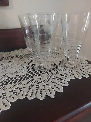 Set Of 4 Vintage Clear Elegant Etched Floral Ribbed Iced Tea Glasses 6.5   • $20.95