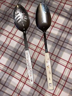 Pair Vintage Stainless Slotted & Smooth Serving Spoons - Lot Of 2 • $13.50