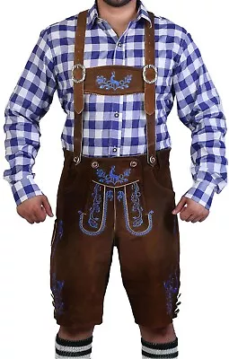 Bavarian Herren Lederhosen Brown Oktoberfest Leather Lederhosens Blue Embroidery • $84.55