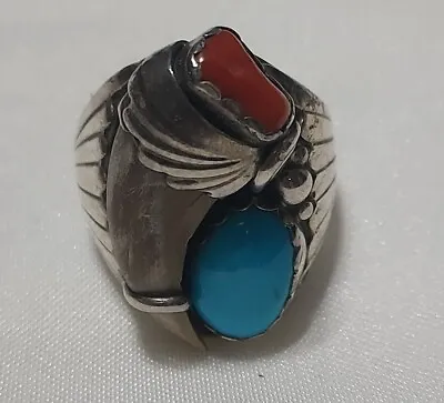Vintage Navajo Turquoise Coral Claw Silver Ring - Size 9 • $249.99